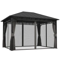 Outsunny Garten-Pavillon, Metallpavillon, wasserfest, UV-beständig, Terrassenpavillon mit Netzwänden und Vorhängen, Dunkelgrau(m-10)