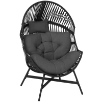 Outsunny Rattan Egg Chair, Oversized Freestanding Garden Egg Chair with Thick Tufted Cushion, Headrest, Steel Frame for Indoor and Outdoor Use, Charcoal Grey(m-10)