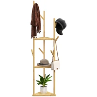 HOMCOM Kledingrek, Garderobestandaard van Bamboehout, 8 Haken, 3 Planken, Natuur(m-10)