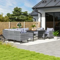 Outsunny 9 Piece Rattan Garden Furniture Set, 8 Seater Garden Corner Sofa with Cushions and Glass Top Table, Sectional Outdoor Furniture Conservatory Set for Patio, Light Grey(m-2)