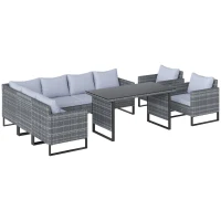 Outsunny 9 Piece Rattan Garden Furniture Set, 8 Seater Garden Corner Sofa with Cushions and Glass Top Table, Sectional Outdoor Furniture Conservatory Set for Patio, Light Grey(m-1)