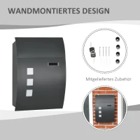 HOMCOM Briefkasten mit Schloss, verzinkter Stahl, 30 cm langer Postschlitz, Grau(m-6)
