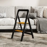 HOMCOM Drabinka 2-stopniowa, metalowa, składana, antypoślizgowa platforma, Czarny(m-8)