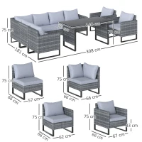 Outsunny 9 Piece Rattan Garden Furniture Set, 8 Seater Garden Corner Sofa with Cushions and Glass Top Table, Sectional Outdoor Furniture Conservatory Set for Patio, Light Grey(m-3)