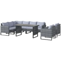 Outsunny 9 Piece Rattan Garden Furniture Set, 8 Seater Garden Corner Sofa with Cushions and Glass Top Table, Sectional Outdoor Furniture Conservatory Set for Patio, Light Grey(m-11)