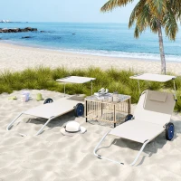 Outsunny Sonnenliege klappbar Gartenliege mit Kopfkissen Dach, Rolle Liegestuhl mit verstellbare Rückenlehne Beige(m-2)