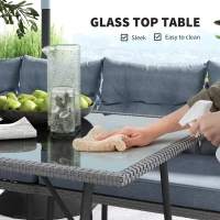 Outsunny 6 Piece Rattan Garden Furniture Set, 8 Seater Garden Corner Sofa with Cushions and Glass Top Table, Sectional Outdoor Furniture Conservatory Set for Patio, Charcoal Grey(m-7)