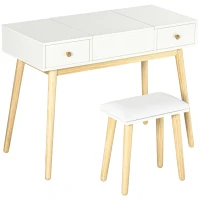 HOMCOM Ensemble de coiffeuse avec tabouret miroir rabattable style scandinave 2 tiroirs 100 x 45 x 118 cm, blanc(m-1)
