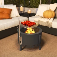 Outsunny Portable Fire Pit, 58 cm Round Firepit with Grill Grate, Fire Bowl with Ash Catcher and Poker, Fire Pit BBQ for Garden Camping Bonfire Picnic, Black(m-8)