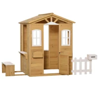Outsunny Kinderspielhaus mit Fenster Briefkasten Outdoor Gartenspielhaus mit Blumentopfrack Zaun Bank Holzspielhaus Tannenholz Natur+Weiß(m-6)