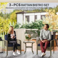 Outsunny 3 Pieces Rattan Bistro Set with Glass Top Coffee Table, Chairs and Cushions for Outdoor, Patio, Balcony, Charcoal Grey(m-4)