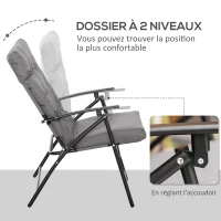 Outsunny Chaise de camping chaise de pêche pliante et portable, dossier haut, coussin rembourré et amovible 65 x 65 x 94 cm, gris(m-4)
