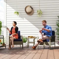 Outsunny 3 Pieces Rattan Bistro Set with Glass Top Coffee Table, Chairs and Cushions for Outdoor, Patio, Balcony, Charcoal Grey(m-8)