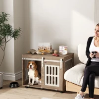 PawHut Meuble cage pour chien avec porte coulissante, maison pour chien de moyenne, table d'appoint, 80 x 59 x 63 cm, noyer(m-2)