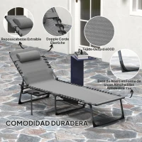 Outsunny Tumbona Plegable con Respaldo Ajustable Reposacabezas Bolsillo Lateral Bandeja y Estructura de Acero 190x60x31 cm Gris(m-5)