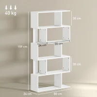HOMCOM Bibliotecă Asimetrică în Formă de S cu 5 Niveluri și 10 Rafturi Deschise, 80x24x159 cm, Alb(m-3)