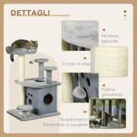 PawHut Albero Tiragraffi per Gatti con Lettino e Casetta in Peluche, Pali in Sisal, 60x48x92 cm, Grigio(m-6)