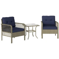 Outsunny 3 Pieces Rattan Bistro Set with Glass Top Coffee Table, Chairs and Cushions for Outdoor, Patio, Balcony, Charcoal Grey(m-11)