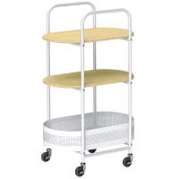 HOMCOM Carrinho Auxiliar com Rodas Carrinho de Cozinha de 3 Níveis com Cesta e Prateleiras 49,5x32,5x82,5 Branco e Madeira(m-1)