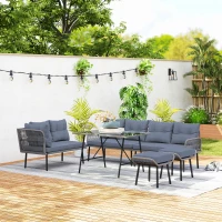 Outsunny 6 Piece Rattan Garden Furniture Set, 8 Seater Garden Corner Sofa with Cushions and Glass Top Table, Sectional Outdoor Furniture Conservatory Set for Patio, Charcoal Grey(m-9)