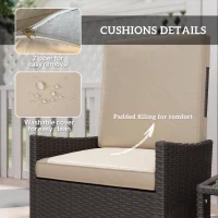Outsunny 5 Piece Rattan Garden Furniture Set, Wicker Patio Sofa Set with 2 Armchairs, 2 Footstools, Glass Top Coffee Table with Shelf, Outdoor Furniture with Adjustable Backrests, Cushions, Khaki(m-6)