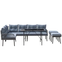 Outsunny 6 Piece Rattan Garden Furniture Set, 8 Seater Garden Corner Sofa with Cushions and Glass Top Table, Sectional Outdoor Furniture Conservatory Set for Patio, Charcoal Grey(m-11)