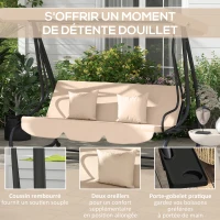 Outsunny Balancelle de jardin 3 places convertible toit inclinaison réglable 2 tablettes 2 x 1,2 x 1,64 m acier sable(m-7)