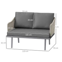 Outsunny Canapé de jardin 2 places avec coussins en résine tressée, canapé d'extérieur cadre en acier 110 x 70 x 72 cm gris foncé(m-3)