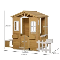 Outsunny Kinderspielhaus mit Fenster Briefkasten Outdoor Gartenspielhaus mit Blumentopfrack Zaun Bank Holzspielhaus Tannenholz Natur+Weiß(m-3)