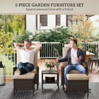 Outsunny 5 Piece Rattan Garden Furniture Set, Wicker Patio Sofa Set with 2 Armchairs, 2 Footstools, Glass Top Coffee Table with Shelf, Outdoor Furniture with Adjustable Backrests, Cushions, Khaki(m-4)