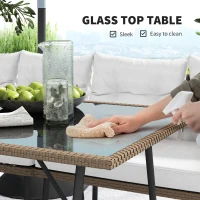 Outsunny 6 Piece Rattan Garden Furniture Set, 8 Seater Garden Corner Sofa with Cushions and Glass Top Table, Sectional Outdoor Furniture Conservatory Set for Patio, Cream White(m-7)
