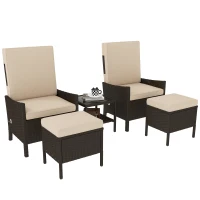 Outsunny 5 Piece Rattan Garden Furniture Set, Wicker Patio Sofa Set with 2 Armchairs, 2 Footstools, Glass Top Coffee Table with Shelf, Outdoor Furniture with Adjustable Backrests, Cushions, Khaki(m-1)