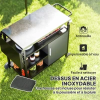 Outsunny Desserte jardin chariot de barbecue avec plateau en acier inoxydable tablette pliable, crochets, housse inclus,, noir(m-4)