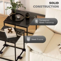 HOMCOM Nest of Tables, Set of 2 Coffee Table, Side Tables with Tempered Glass Desktop and Metal Frame for Living Room, Bedroom, Office, Black(m-5)