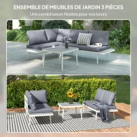 Outsunny Salon de jardin 3 pièces – Canapé d'angle modulable avec assise réglable, coussins confort, table effet bois – Gris(m-4)