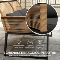 Outsunny Salotto da Giardino in Rattan PE con Divano 2 Posti, 2 Poltrone, Tavolino in Vetro e Cuscini, Nero(m-7)