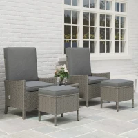Outsunny 5 Piece Rattan Garden Furniture Set, Wicker Patio Sofa Set with 2 Armchairs, 2 Footstools, Glass Top Coffee Table with Shelf, Outdoor Furniture with Adjustable Backrests, Cushions, Dark Grey(m-9)