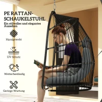 Outsunny Hängesessel Hängekorb mit Kissen Polyrattan Schaukel Outdoor Indoor faltbar belastbar bis 150kg Dunkelgrau(m-5)