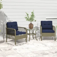 Outsunny 3 Pieces Rattan Bistro Set with Glass Top Coffee Table, Chairs and Cushions for Outdoor, Patio, Balcony, Charcoal Grey(m-3)