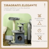 PawHut Albero Tiragraffi per Gatti con Lettino e Casetta in Peluche, Pali in Sisal, 60x48x92 cm, Grigio(m-4)