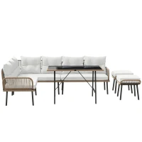 Outsunny 6 Piece Rattan Garden Furniture Set, 8 Seater Garden Corner Sofa with Cushions and Glass Top Table, Sectional Outdoor Furniture Conservatory Set for Patio, Cream White(m-11)