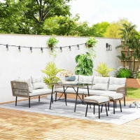 Outsunny 6 Piece Rattan Garden Furniture Set, 8 Seater Garden Corner Sofa with Cushions and Glass Top Table, Sectional Outdoor Furniture Conservatory Set for Patio, Cream White(m-9)