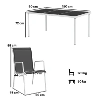Outsunny Ensemble de jardin 6 pers. 6 chaises empilables table plateau verre trempé 5 mm métal époxy textilène argent(m-3)