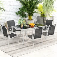 Outsunny Ensemble de jardin 6 pers. 6 chaises empilables table plateau verre trempé 5 mm métal époxy textilène argent(m-9)