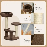PawHut Albero Tiragraffi per Gatti a 3 Livelli con Lettino in Peluche e Pali in Sisal, Ø40x65 cm, Marrone(m-5)
