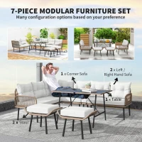 Outsunny 6 Piece Rattan Garden Furniture Set, 8 Seater Garden Corner Sofa with Cushions and Glass Top Table, Sectional Outdoor Furniture Conservatory Set for Patio, Cream White(m-4)