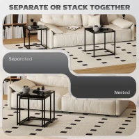 HOMCOM Nest of Tables, Set of 2 Coffee Table, Side Tables with Tempered Glass Desktop and Metal Frame for Living Room, Bedroom, Office, Black(m-4)