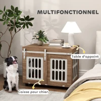 PawHut Meuble cage pour chien avec porte coulissante, maison pour chien de moyenne, table d'appoint, 80 x 59 x 63 cm, noyer(m-4)