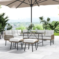 Outsunny 6 Piece Rattan Garden Furniture Set, 8 Seater Garden Corner Sofa with Cushions and Glass Top Table, Sectional Outdoor Furniture Conservatory Set for Patio, Cream White(m-8)