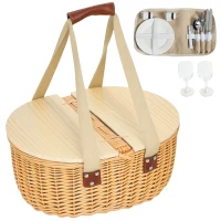 Outsunny Wicker Picnic Basket for 2 with Pine Wood Lid, Picnic Hamper with Cooler Compartment, Cutlery Service Kits, Carry Handle for Camping, Outdoor, Valentine Day, Chirtmas, Birthday, Light Brown(m-10)